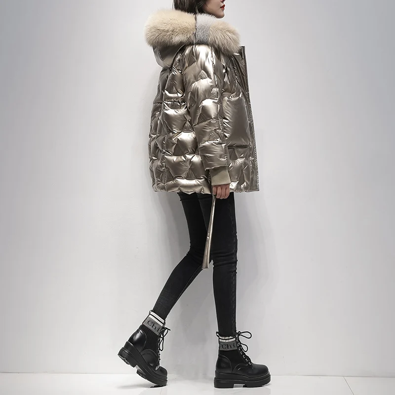 2023 Winter 90% White Duck Down Jacket Hooded Natural Fox Fur Collar Shiny Women's Down Jacket Warm Female Short Parka