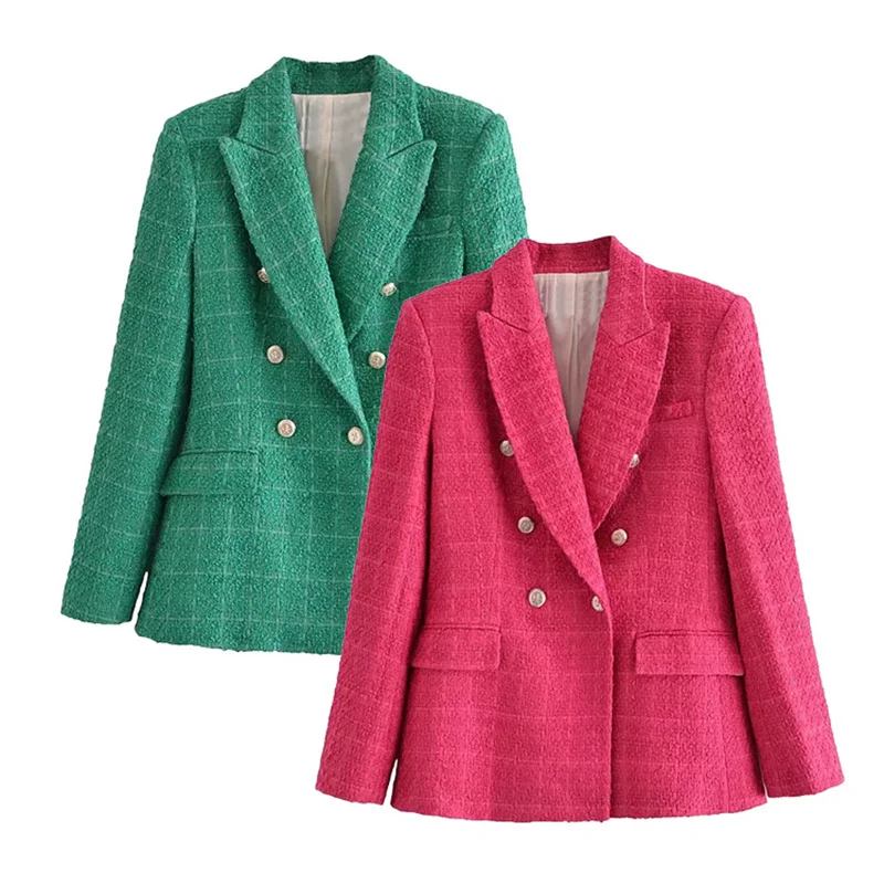 Vintage Striped Raglan Commuter Blazer Double-breasted Wwave Collar Suit Green Red Long Sleeve with Button Women Winter Jackets