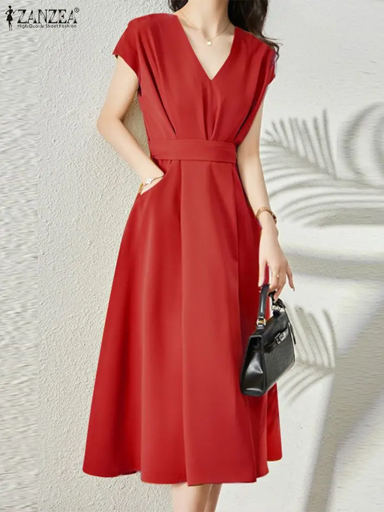 

ZANZEA Female Elegant Oversized Vintage Work Robe Women Summer A-line Dress Short Sleeve V-Neck Solid Color Knee Length Sundress