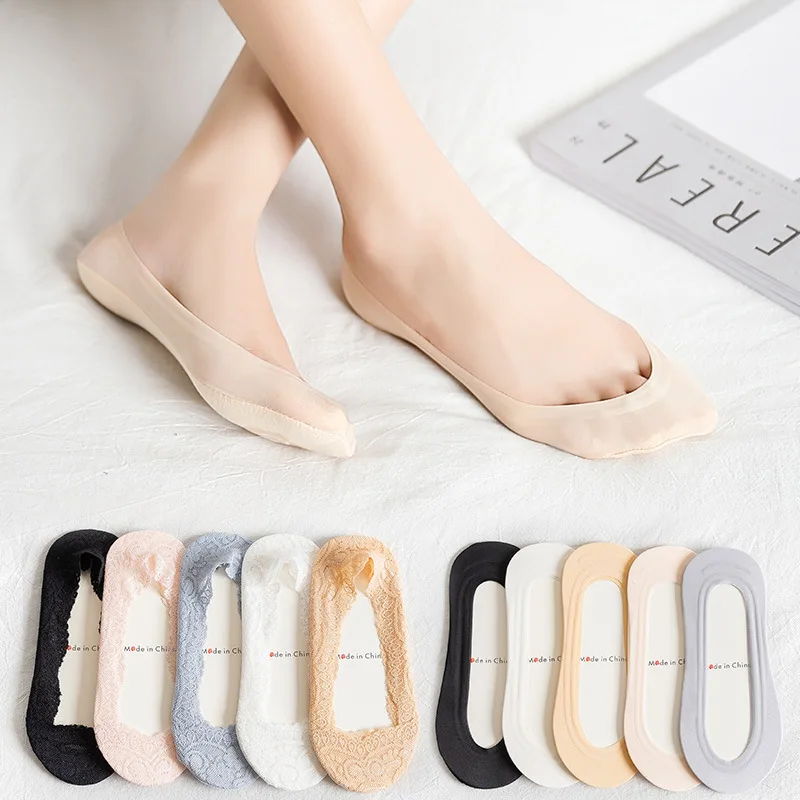 

2022 Lace High-heeled shoes socks non-slip Summer for Women ladies Cotton Invisible Solid Color Short Ankle Thin Boat slipper