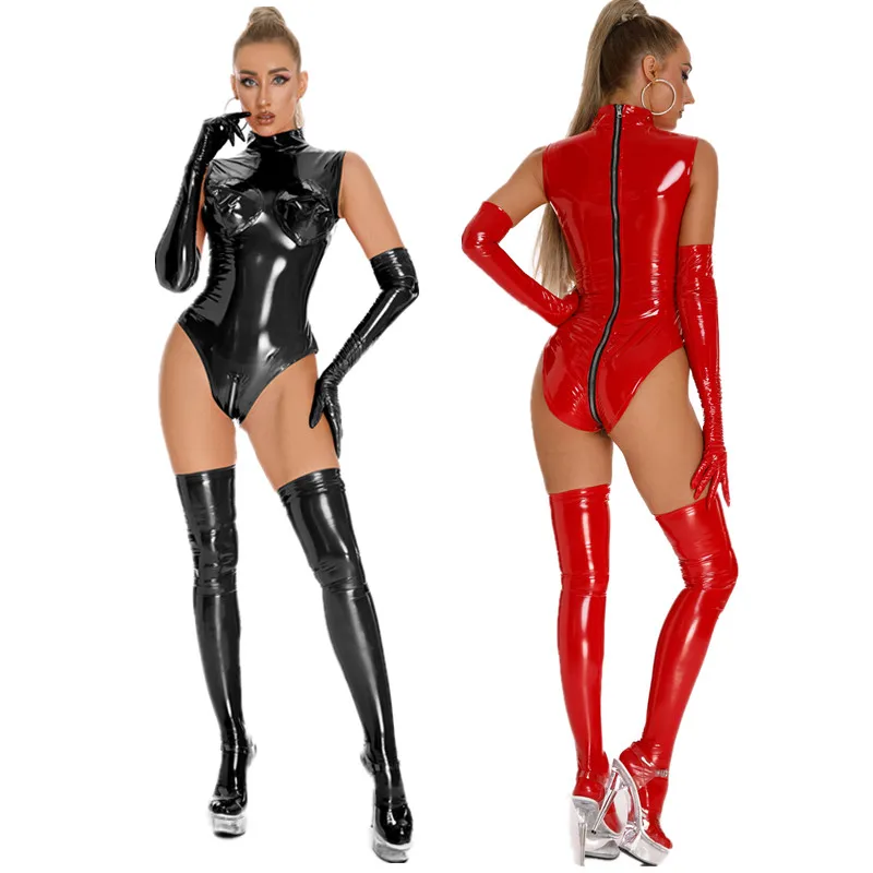 

Women Erotic Double Zipper Sexy Open Crotch Leather Bodysuit Shiny Sheath Latex Catsuit Ladies Below Crotchless Leotard