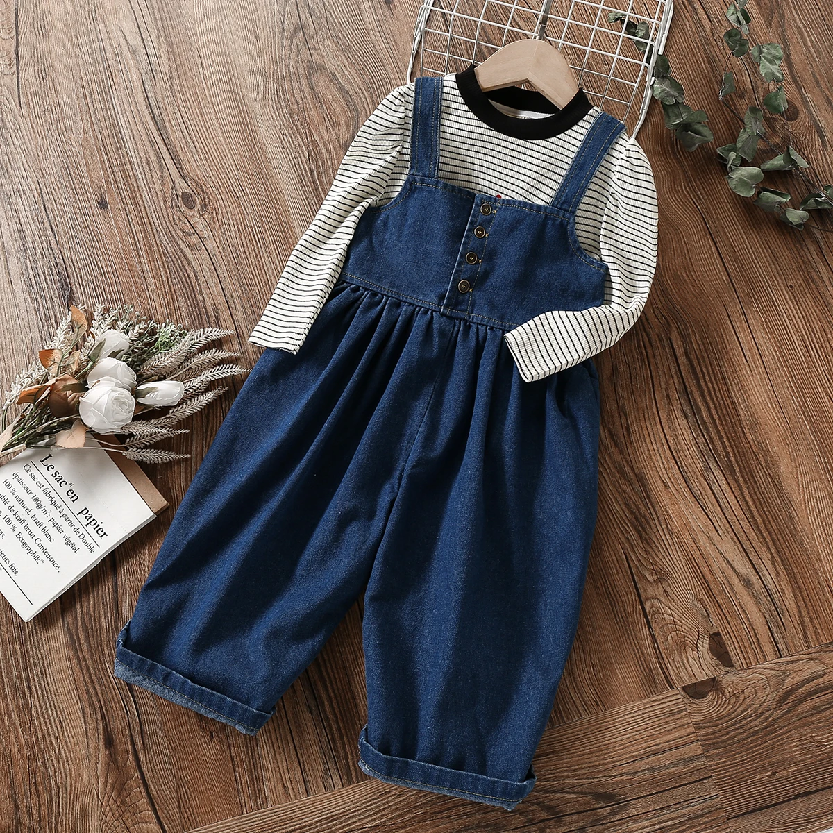 

Baby Girls Clothing Sets Stripe Shirts & Overalls 2pcs Outfits Kids Jeans Suits Autumn Toddles Children Costumes 2 4 6 8 Years