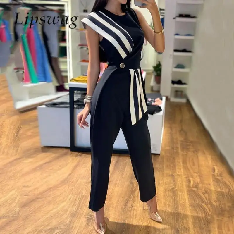 

Striped Shawl Patchwork Ladies Jumpsuits Elegant Office Commuter Pencil Pants Playsuit Fashion Women Sleeveless Waisted Romper