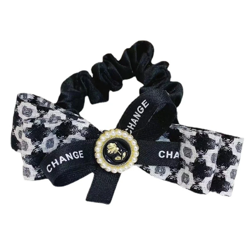 

Korean Elegant Flower Hair Ties with Bows and Pearl Fabric Pattern Designs Head Ropes Large Intestine Loop Accessories for Women