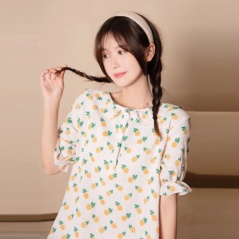 Nightgowns Women Summer Kawaii Printed Korean Style Sleepwear Casual Cozy Mid-calf Homewear Sweet Girlish Fashion Lovely Ruffles