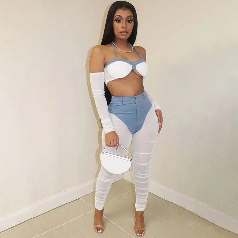 

Mesh Denim Patchwork Pant Sets Womens 2 Piece Outfits Halter Bra Crop Top and Pants Club Birthday Matching Sets with Oversleeve