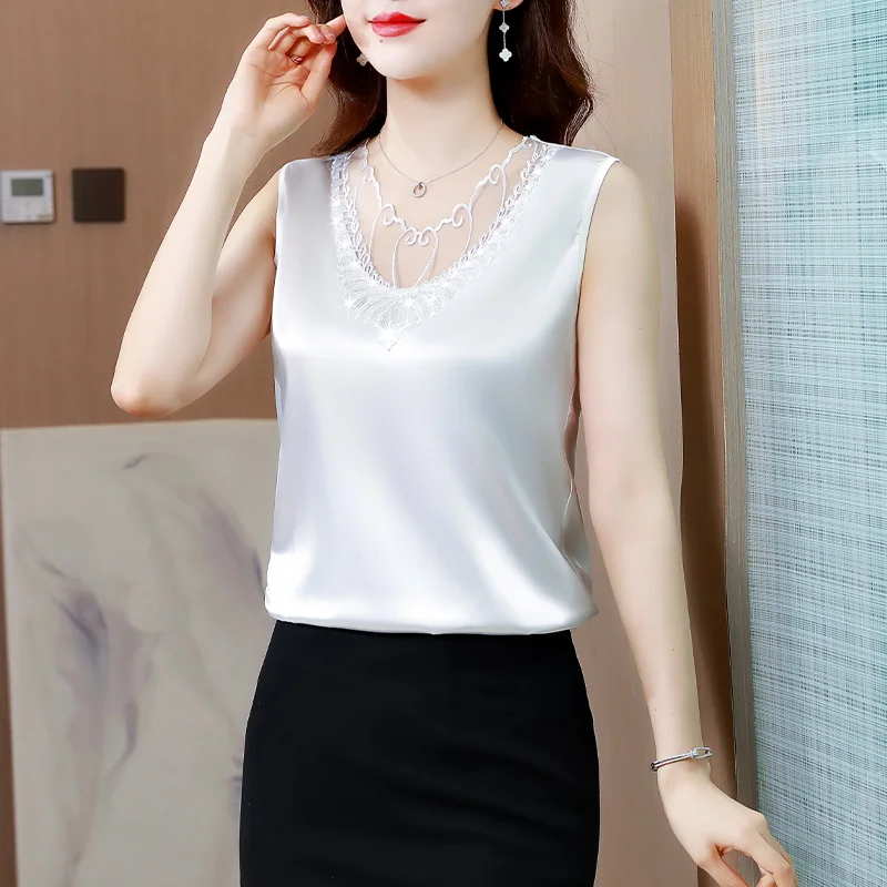 

Elegant Loose Shirt Fashion Lace Sequin Tops Summer Women Sleeveless Satin Blouse Casual office lady Silk Clothing Blusas 25216