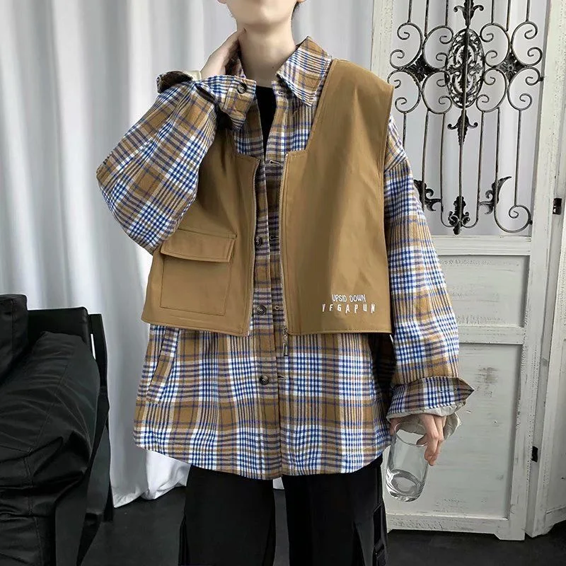 

Мужская рубашка в клетку, с длинным рукавом и квадратным вырезом