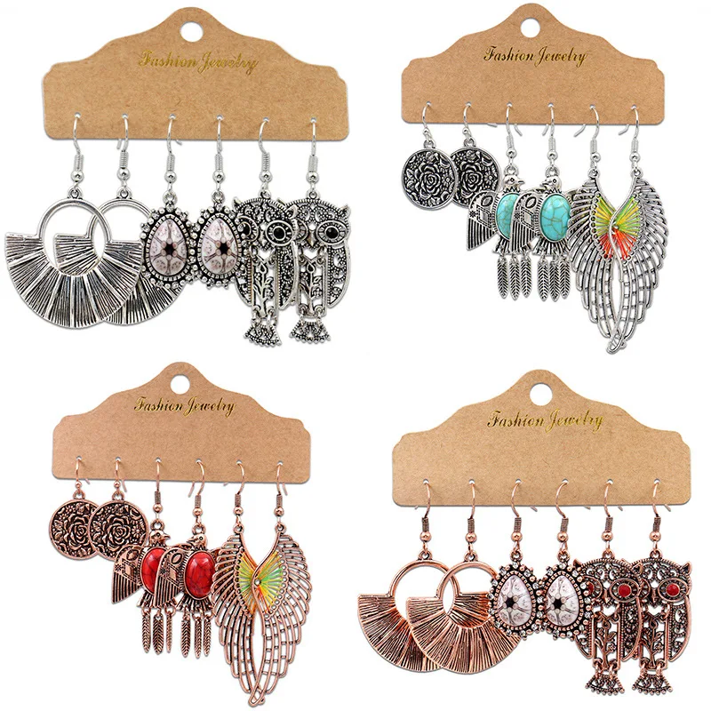 

Wholesale Earrings Multi-Pair One Card Women's Fashion Owl Wings Silvers Color Combination Accessories