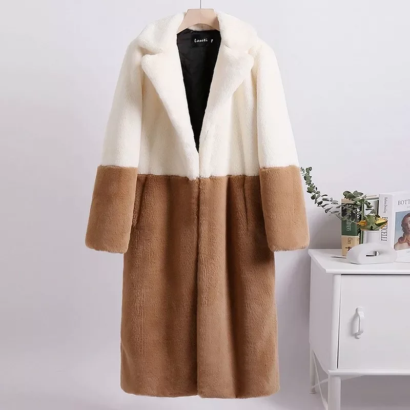 New2022 New Women Winter Warm Faux Fur Coat Color Patch Thick Women Long Coat Turn Down Collar Women Warm Fur Coat