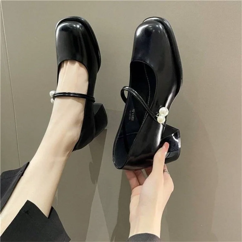 Ladies Summer Footwear Mary Jane Shoes for Women 2023 with Medium Heels Japanese Style Lolita Pearl Square Toe Gothic White Y2k