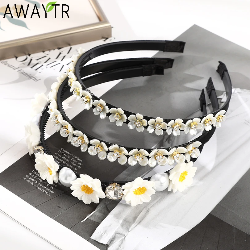 

Женская повязка на голову AWAYTR, Тонкая Повязка на голову в богемном стиле с цветами и жемчужинами, Тонкая Повязка на голову