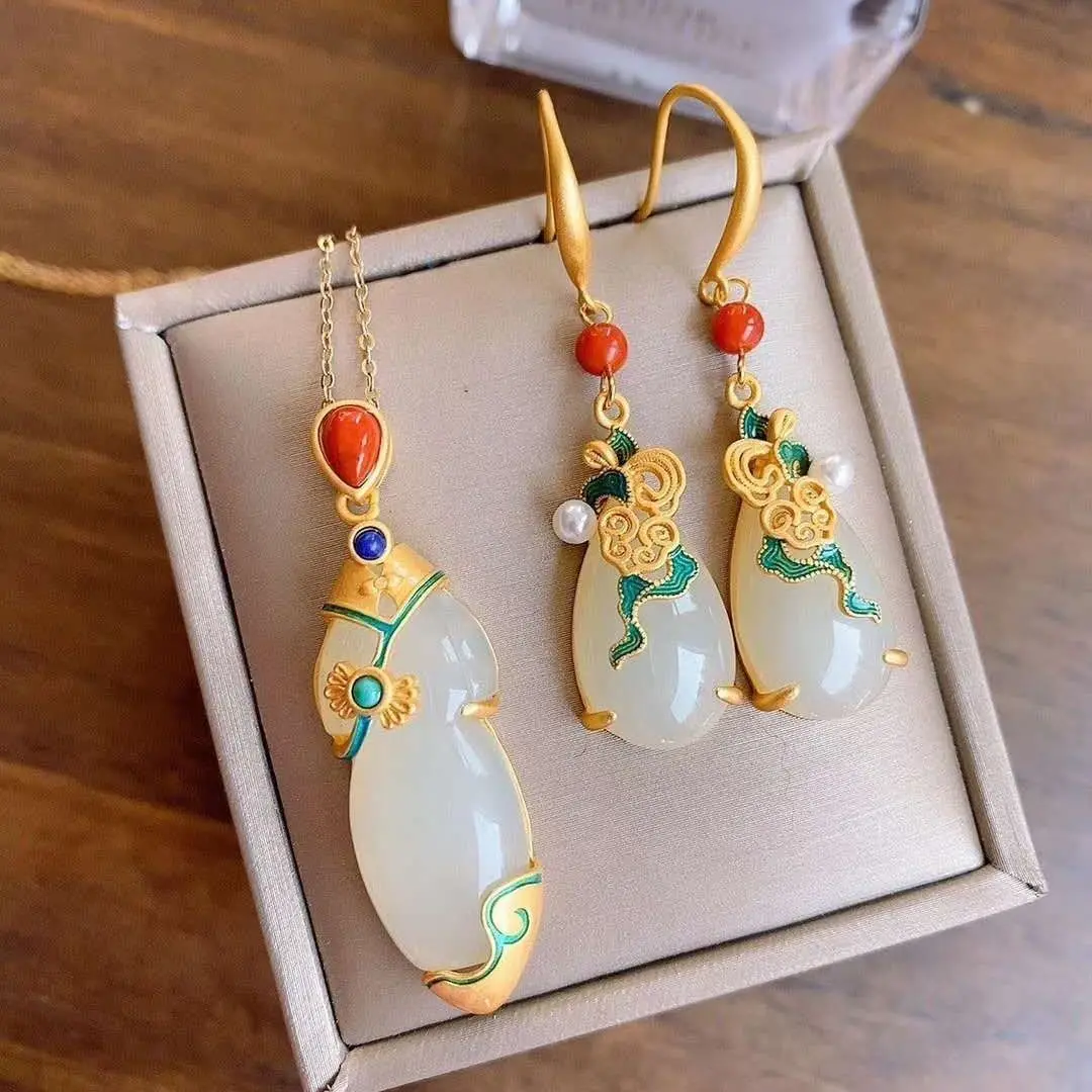 

New silver national style inlaid with natural Hotan jade Turquoise Water Drop Earrings Necklace Antique luxury women's jewelry