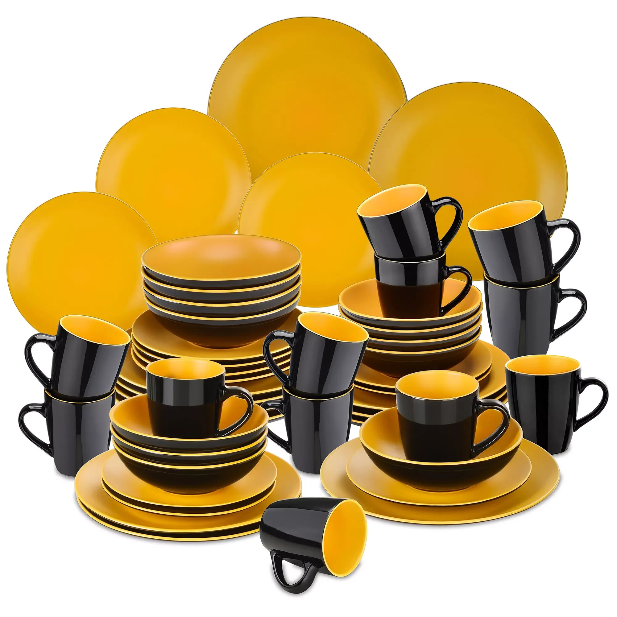 

Allegro 16/32/48-Piece Matte Black&Yellow Stoneware Crockery Dinnerware Set with Dinner Plate,Dessert Plate,Bowl,Mug