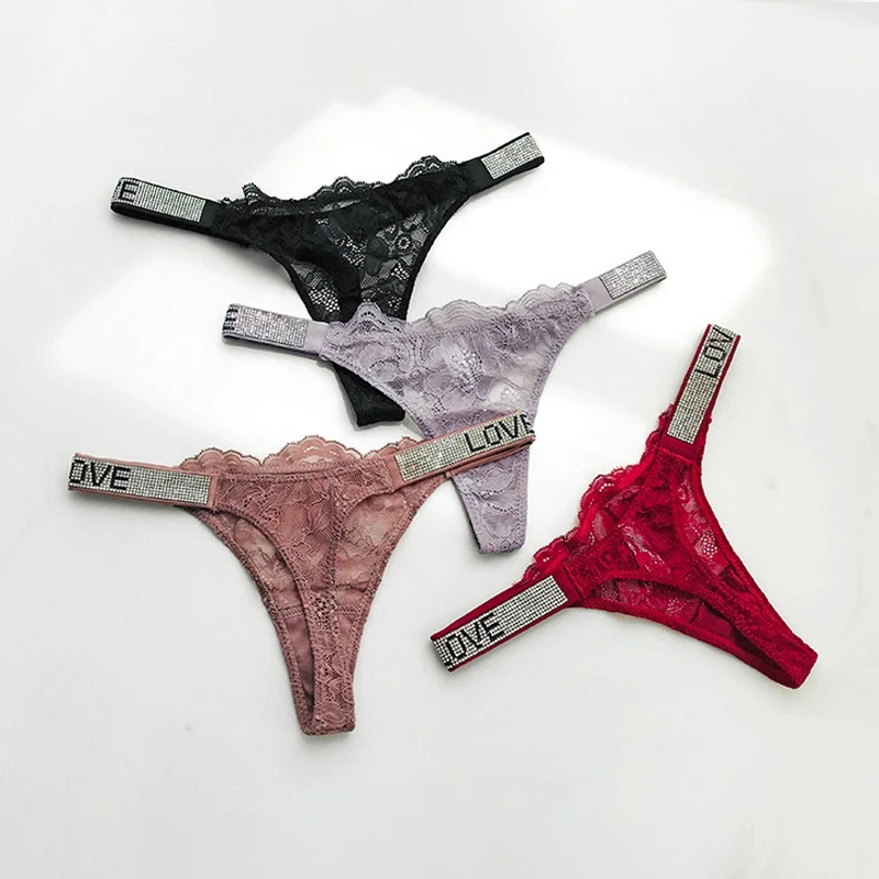 

2022 New Women Panties Sexy Lace Transparent Thongs Love Secret Rhinestone Thong Lingerie G String Low Rise Intimate Underwear