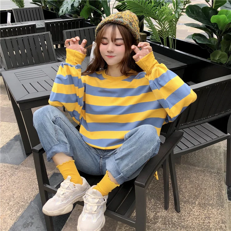 

Autumn 2022 Korean New Stripe Splice Slim Round Neck Girl Student Long Sleeve Loose Fashion Top QEO3