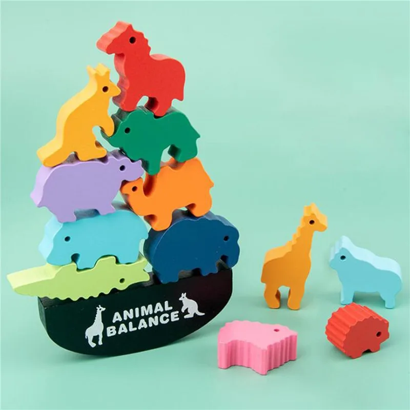 

2022 Montessori Wooden Animal Balance Blocks Board Games Toy Dinosaur Educational Stacking High Building Block Wood Toy Boys