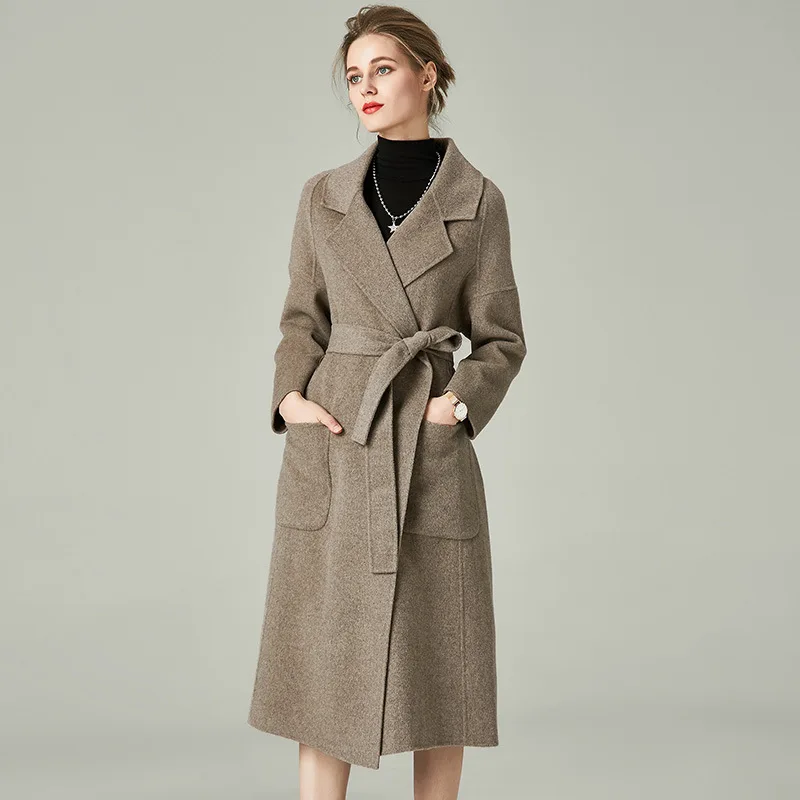 

Cashmere coat woman 2022 new autumn/winter long slim oatmeal tweed coat wool coat