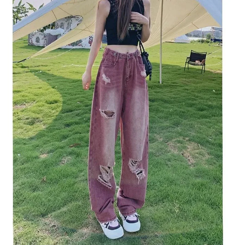 Streetwear Vintage High Waist Female HOLE Denim Trousers Summer New Fashion Loose Distressed Wide Leg Pants Women's Clothing