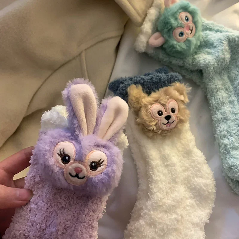 Новые кавайные носки среднего размера из кораллового флиса Disney Stellalou Duffy Bear