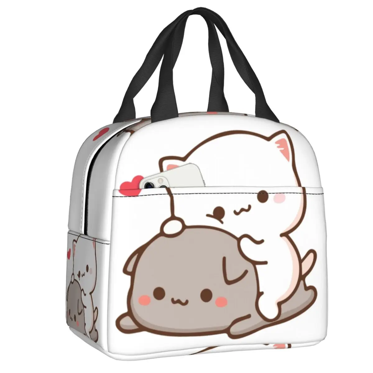 

Peach Sitting On Goma Insulated Lunch Bag for Women Portable Cute Mochi Cat Thermal Cooler Bento Box Office Picnic Travel
