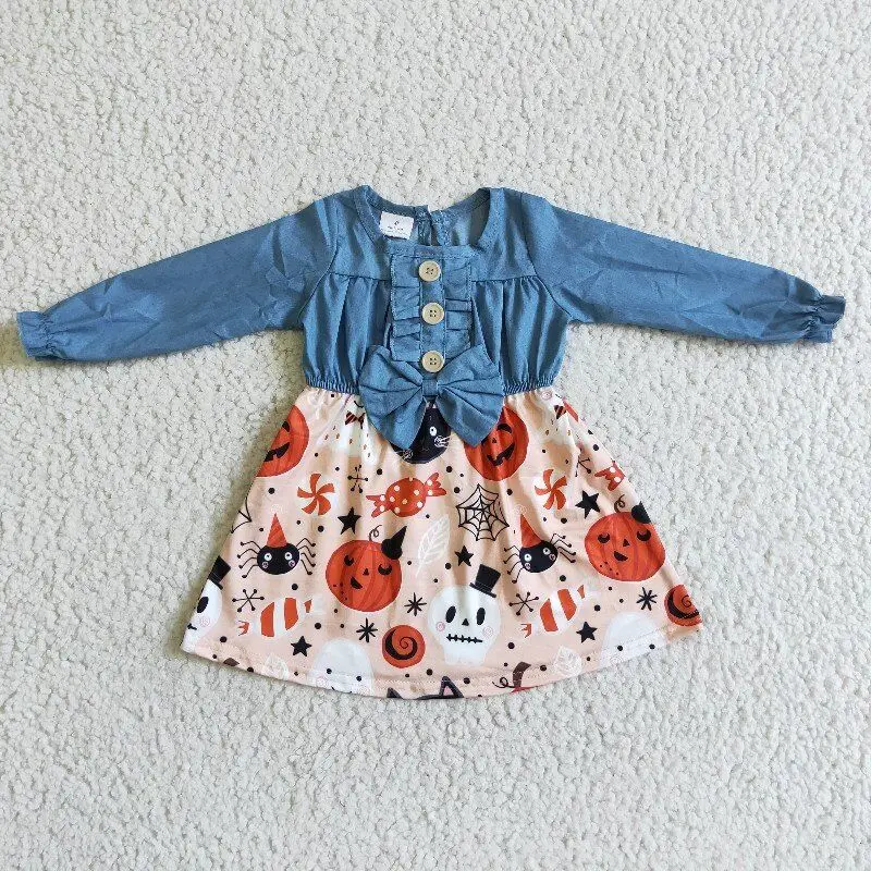 

2022 autumn winter kids dress denim button bows design pumpkin pattern 100% cotton wholesale baby girl dresses party