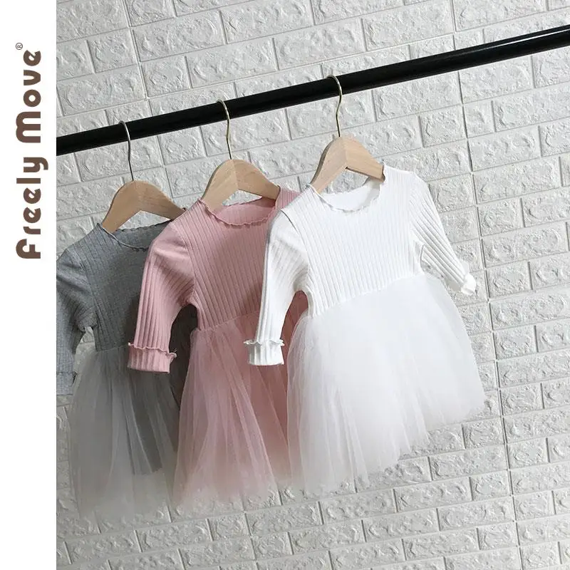 

Korean Style Baby Girls Dress Solid Long Sleeve Tulle Girls Peincess Dress Autumn Baby Kids Party Dresses for Girls