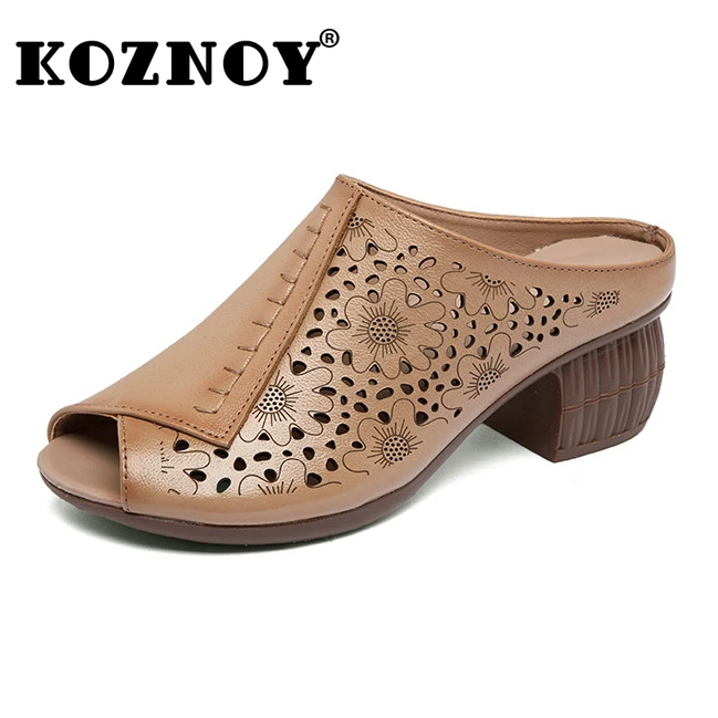 

koznoy 5cm retro Genuine Leather Ethnic comfy summer mom sandals women hollow flower slipon high heel fish mouth non slip shoes