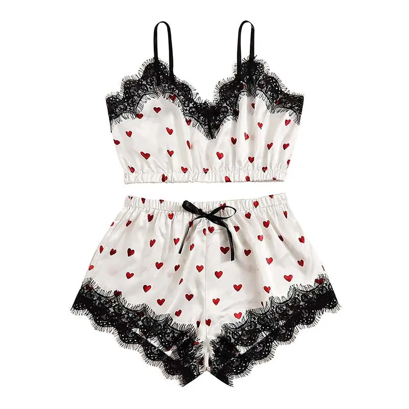 Two Piece Women'S Sleepwear Lingerie Sweet Printed Camisole Pajamas Lace V-Necksleeveless Cami Top And Shorts Suit Female