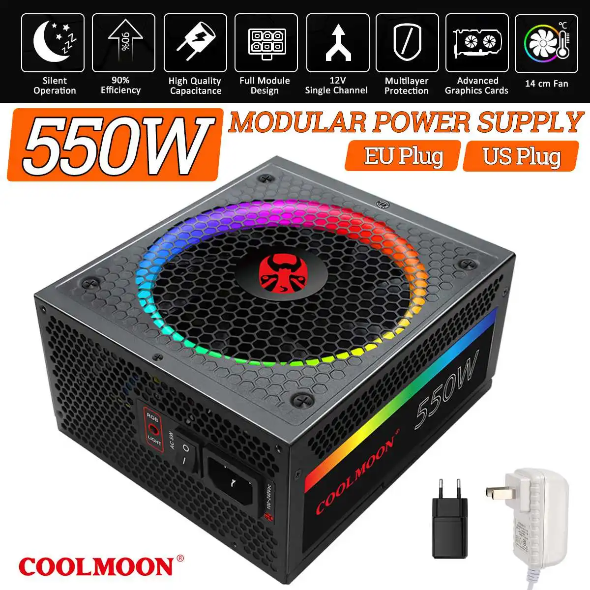 

Блок питания для компьютерных игр, 550 Вт, 80plus, ATX, 12 В, активный блок питания для ПК PFC RGB, Умный вентилятор контроля температуры