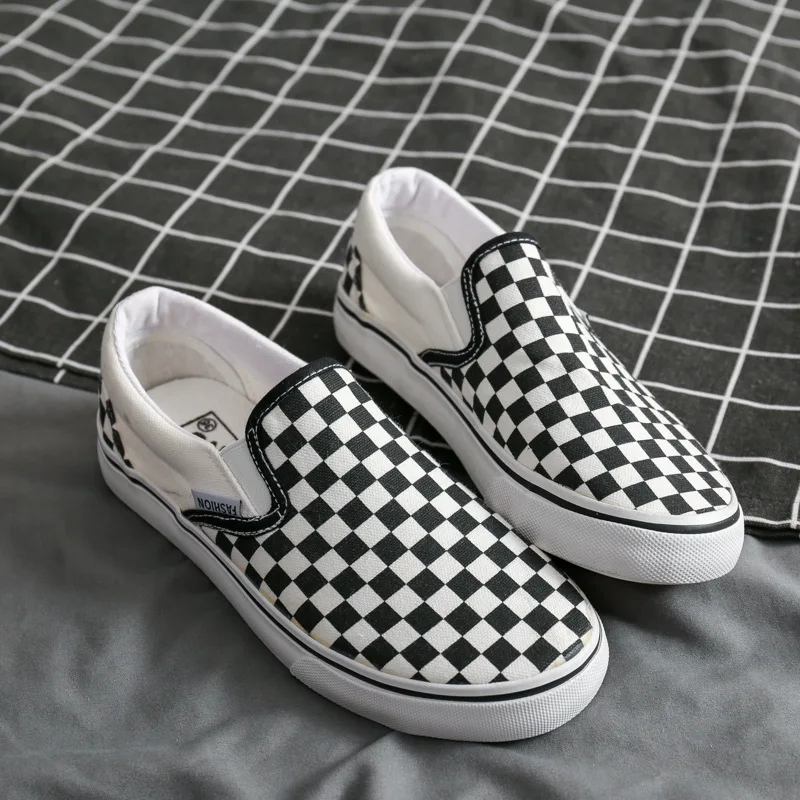 

Korean Style Trendy Slip-on Loafers Men's Spring New Ulzzang Black and White Plaid Canvas Shoes Couple Sneakers