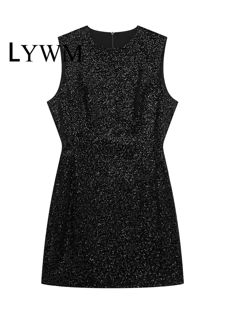 

Женское модное однотонное мини-платье LYWM с блестками и молнией сзади, винтажные женские шикарные платья без рукавов с круглым вырезом