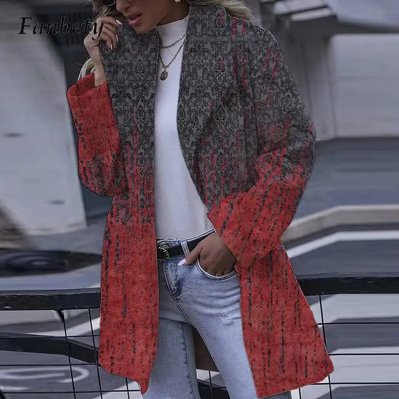 

2022 Women Elegant Long Sleeve Cardigan Coat Vintage Pattern Print Lapel Tops Jacket Women Casual Loose Short Straight Outerwear