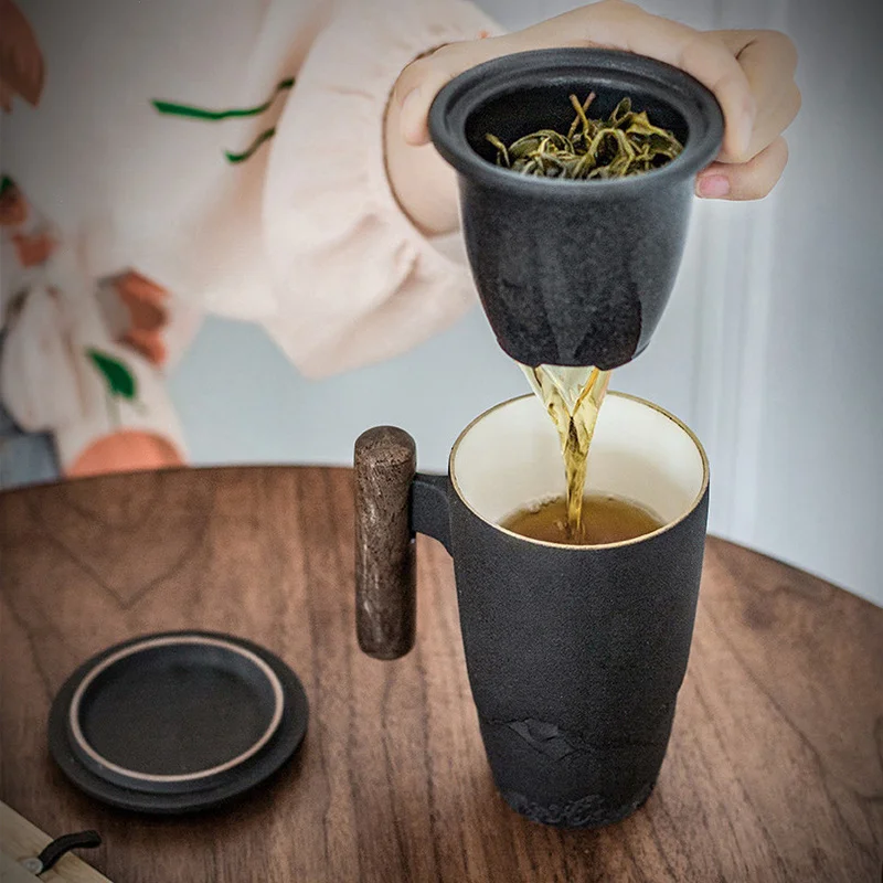 

Retro Luxury Tea Ceramic Mug Large Capacity Office Filter Black Water with Cover Mugs Wooden Handle Cups Gift Ideas Box