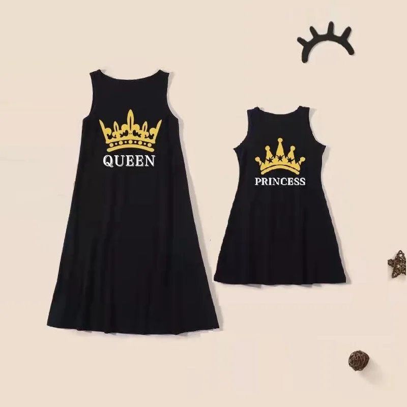 

Crown Mother Daughter Dresses Family Look Queen Princess Mommy and Me Matching Clothes Sleeveless Woman Girls Cotton Dress 2022