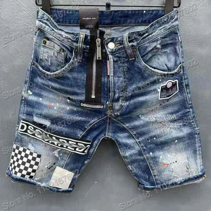 

2023 Brand Mens Denim Shorts Fashion Hole Patch Broken Ink Paint Slim Slightly Elastic Blue D2 Letter Short Jeans For Men