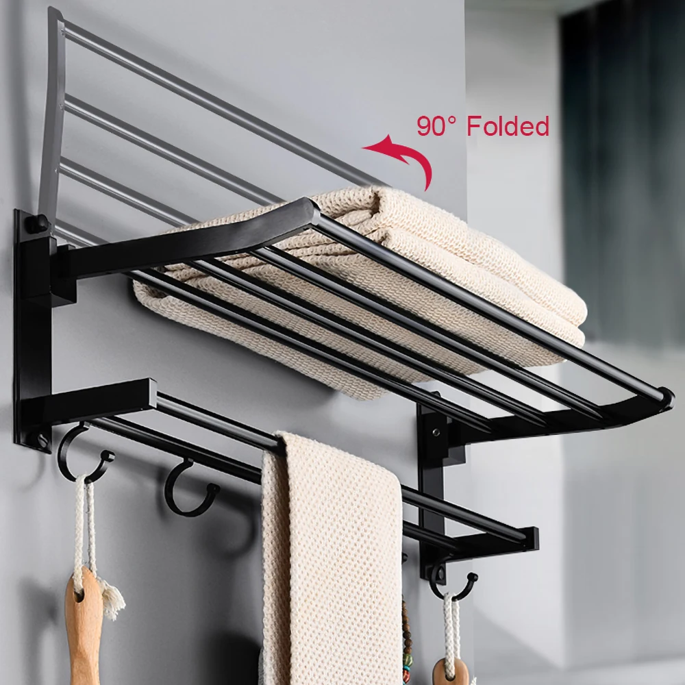 towel holder wall mounted black aluminum surface shower bars hanger adjustable fold clothes rack with hooks bathroom accessories free global shipping