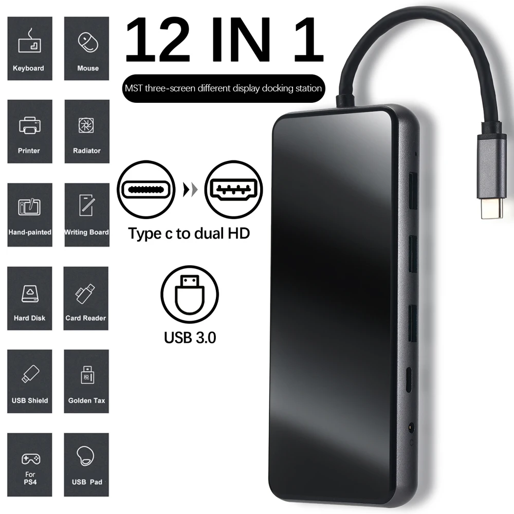 

12 In 1 USB C Hub Docking Station With 3 USB/2 HDMI/VGA/RJ45/100W PD/Aux Type C Adapter For Macbook For DELL Surface For Lenovo