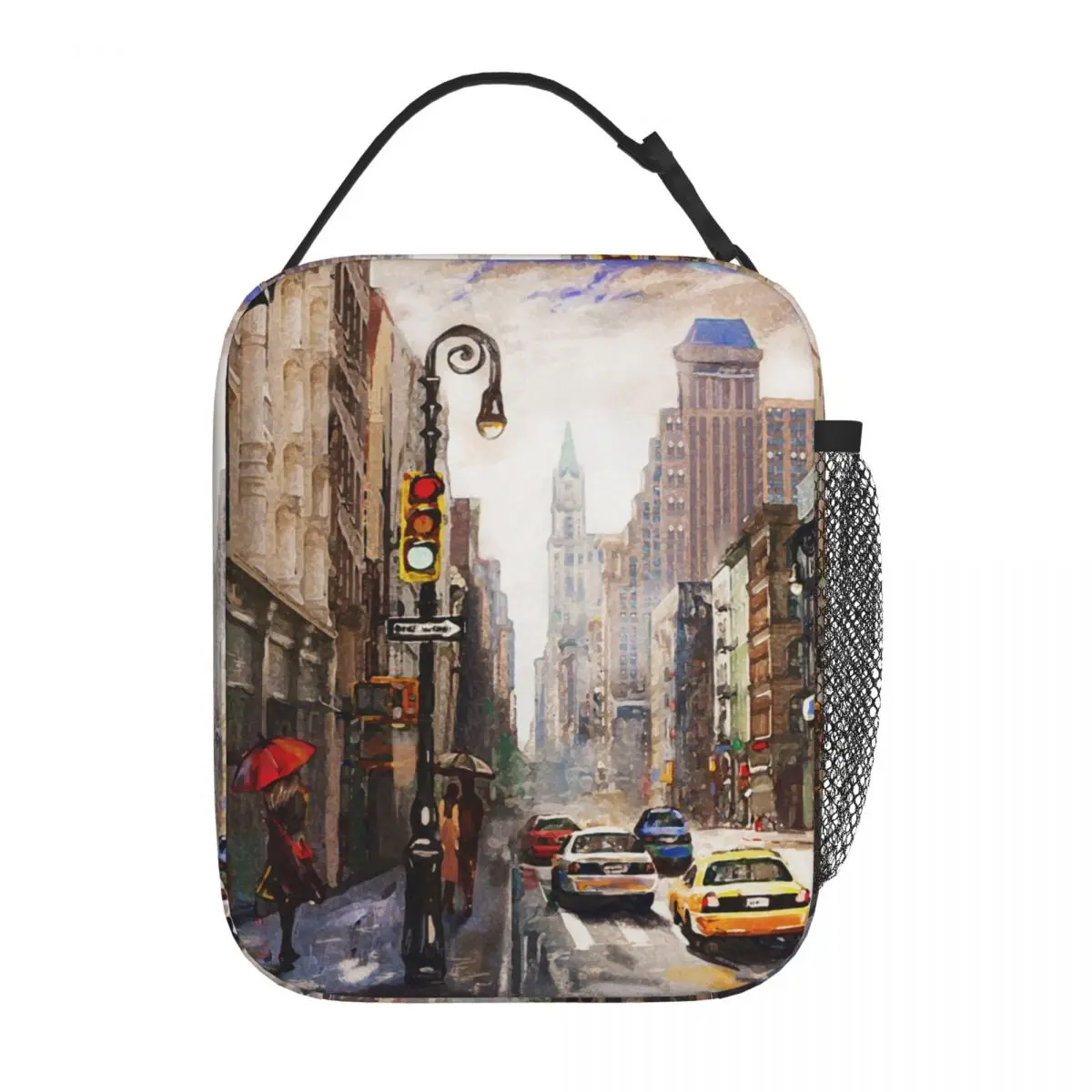 

Oil Painting Street View Of New York Insulated Lunch Tote Bag Yellow Taxi Modern Artwork American City Lunch Bento Box Picnic
