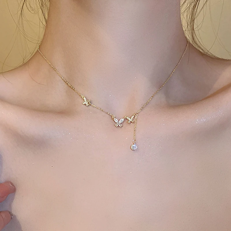 

Dainty CZ Round Pendant Necklace 14k Gold Plated Tiny Butterfly Chain Simple Choker Necklaces France Style Jewelri Woman Gift