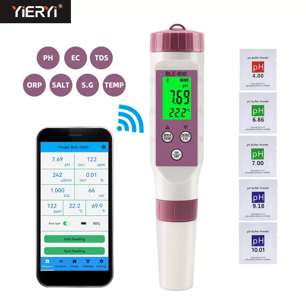

7 in 1 Temp ORP EC TDS Salinity S.G PH Meter Online Blue Tooth Water Quality Tester APP Control for Drinking Laboratory Aquarium