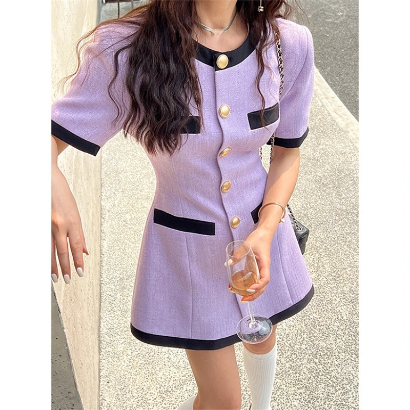 Spring Summer Aristocratic O Neck Short Sleeve Purple Patchwork Dress Single Metal High Street Korean Dresses Women Vestidos