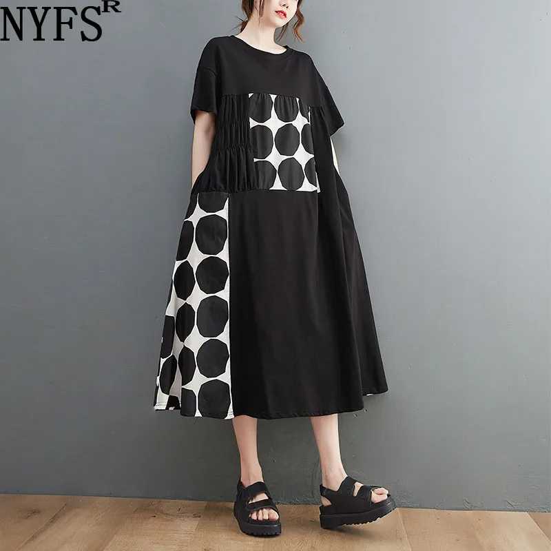 

NYFS 2022 Summer New Loose Woman Dress Vestidos Robe Elbise Patchwork Temperament Cotton Office Lady Long Dresses