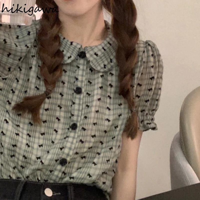 Женская шифоновая блузка с рукавами-фонариками и круглым вырезом