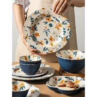 japanese retro flower ceramic tableware dinner plate dessert pasta dish microwave safe kitchen salad serving plate soup bowl
