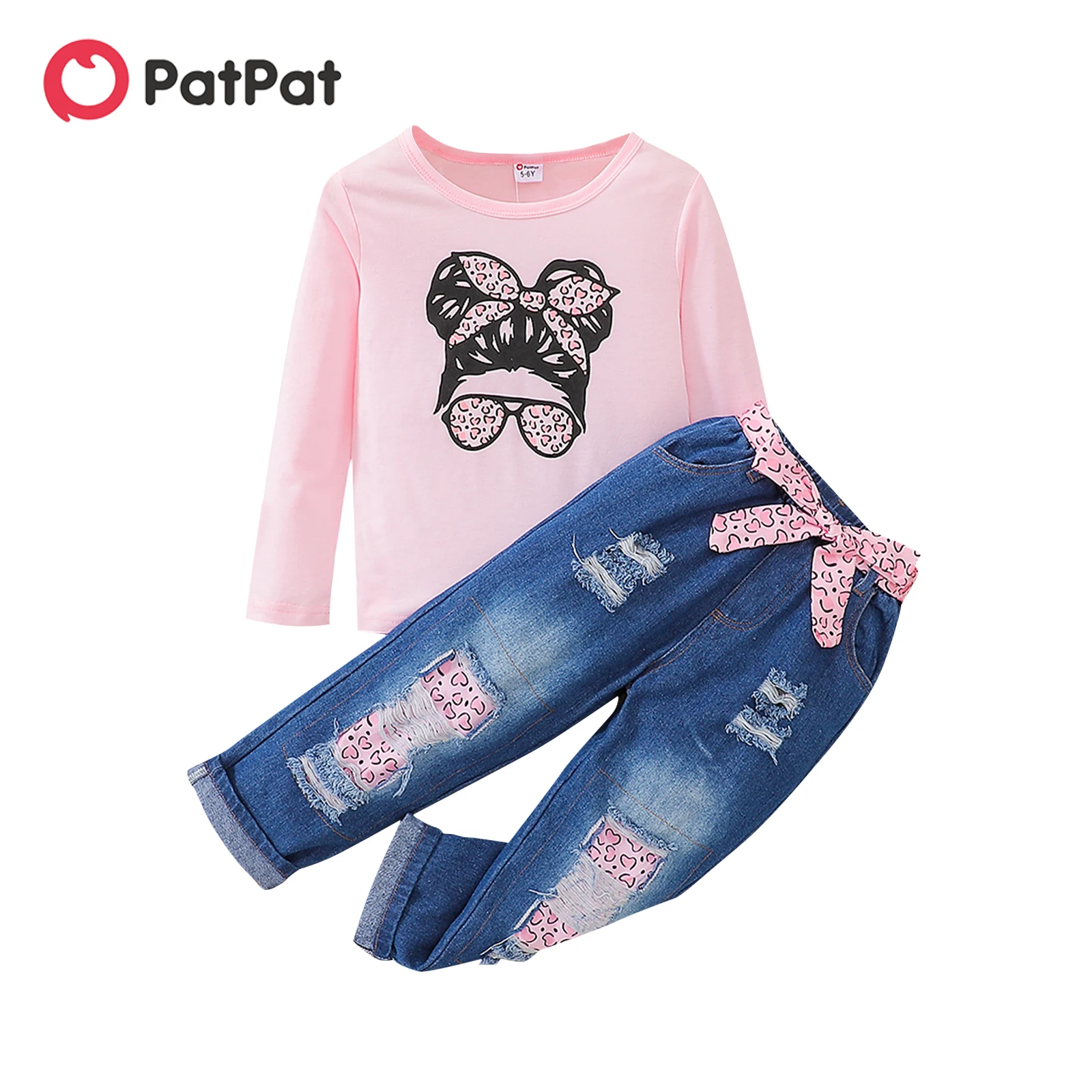 

PatPat 2pcs Kid Girl Figure Print Long-sleeve Pink Tee and Belted Ripped Denim Jeans Set