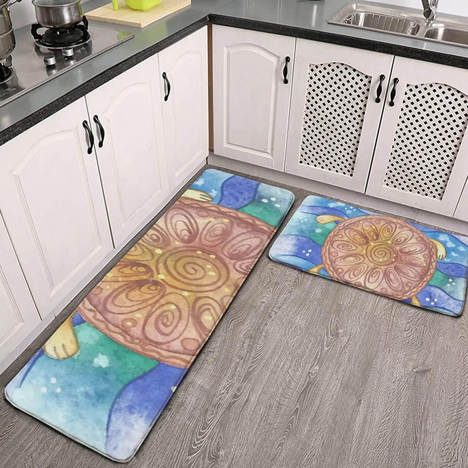 

Kitchen Rug Set of 2 Watercolor sea Turtle Anti Fatigue Floor Mats Non Skid Washable Carpet Cushioned Standing Desk Mat Sink Pad