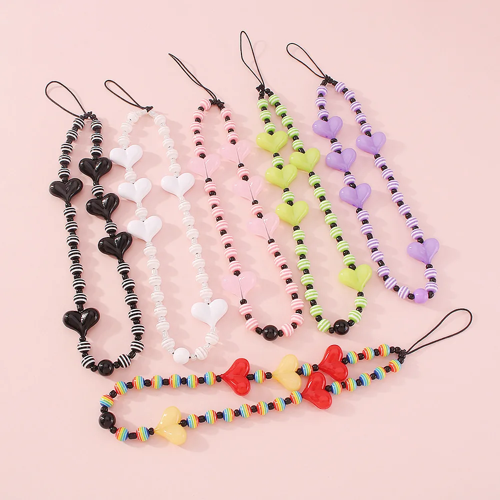 

Korea New Colorful Resin Big Heart Flower Pearl Acrylic Beaded Phone Chain Strap For Women Charm Phone Lanyard Accessories