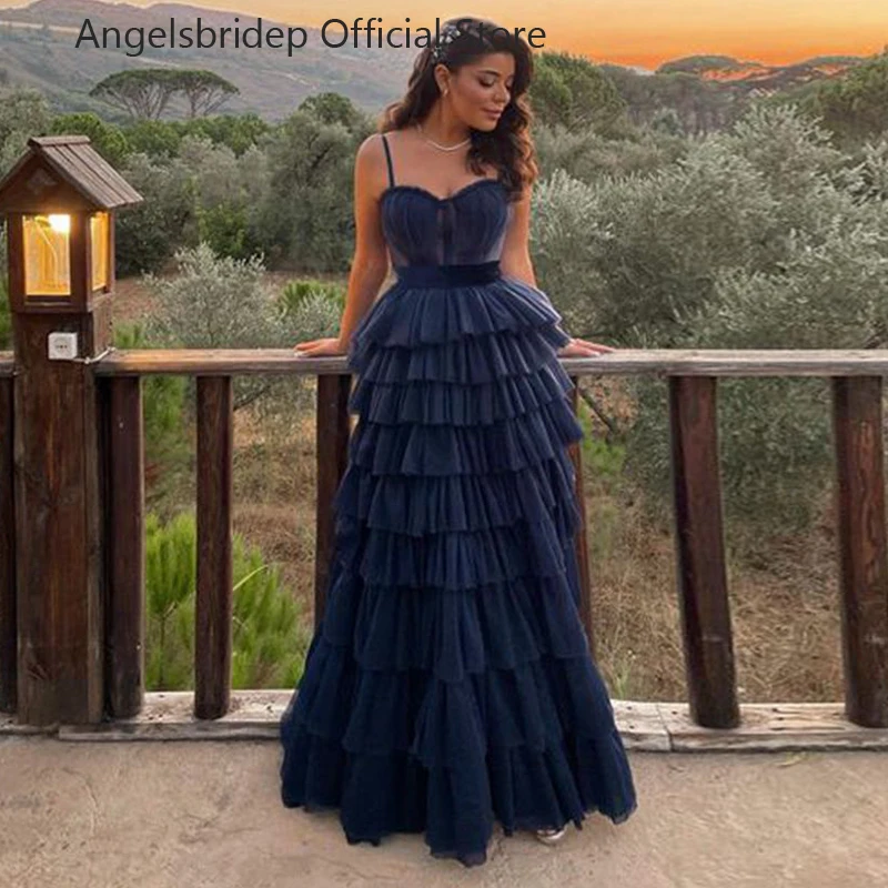 

ANGELSBRIDEP Spaghetti Straps Evening Party Dresses Navy Blue Vestidos De Festa Back Lace-up Formal Abendkleider Prom Dresses