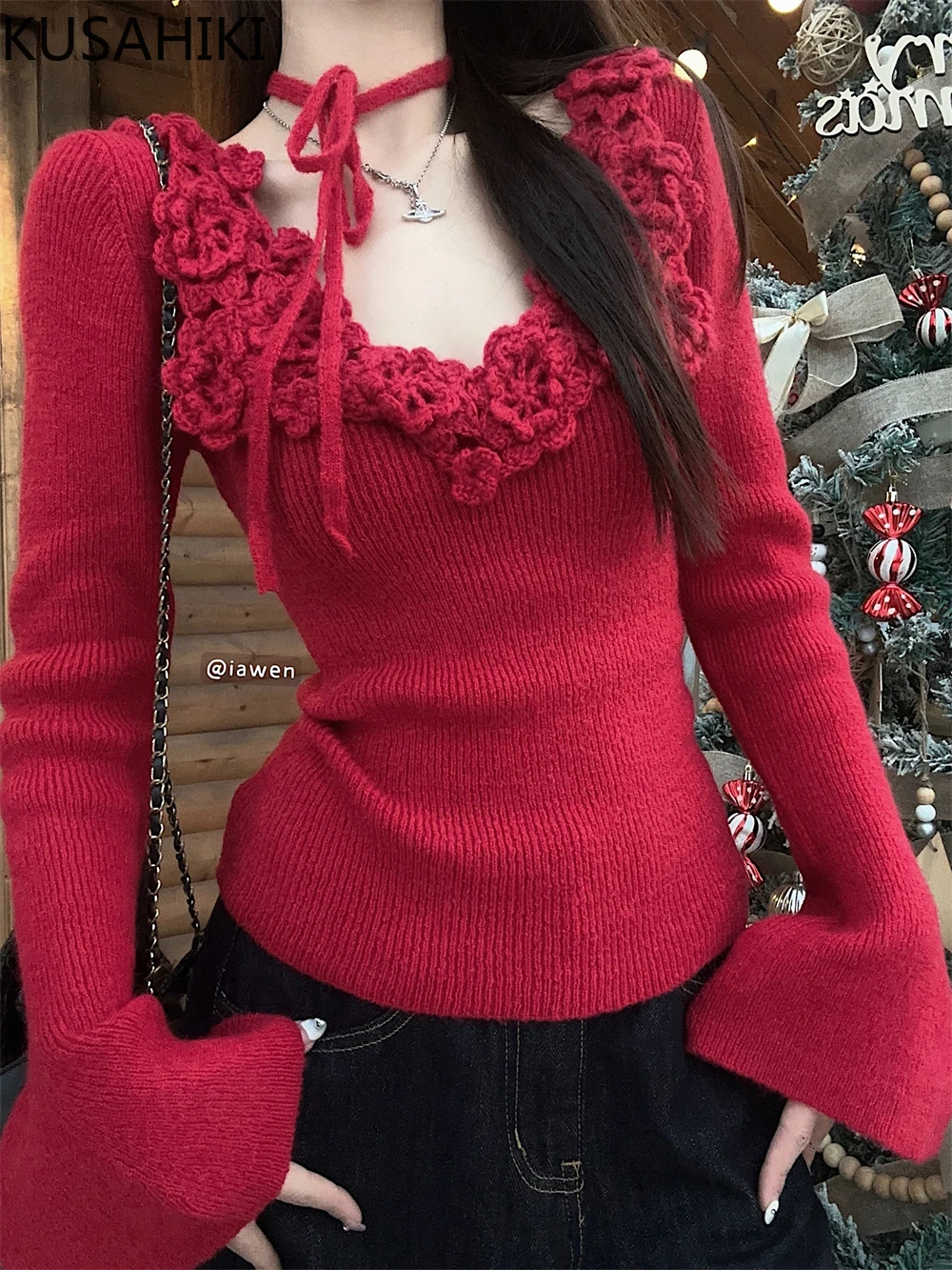 KUSAHIKI красный трехмерный цветочный вязаный свитер с v-образным вырезом женский